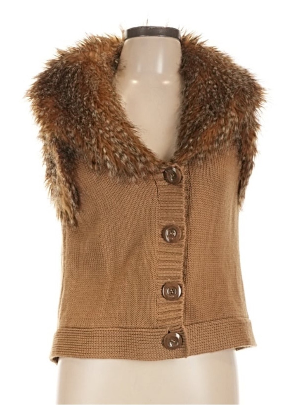 Alberto Makali Camel Brown Knit Vest with Faux Fur Collar